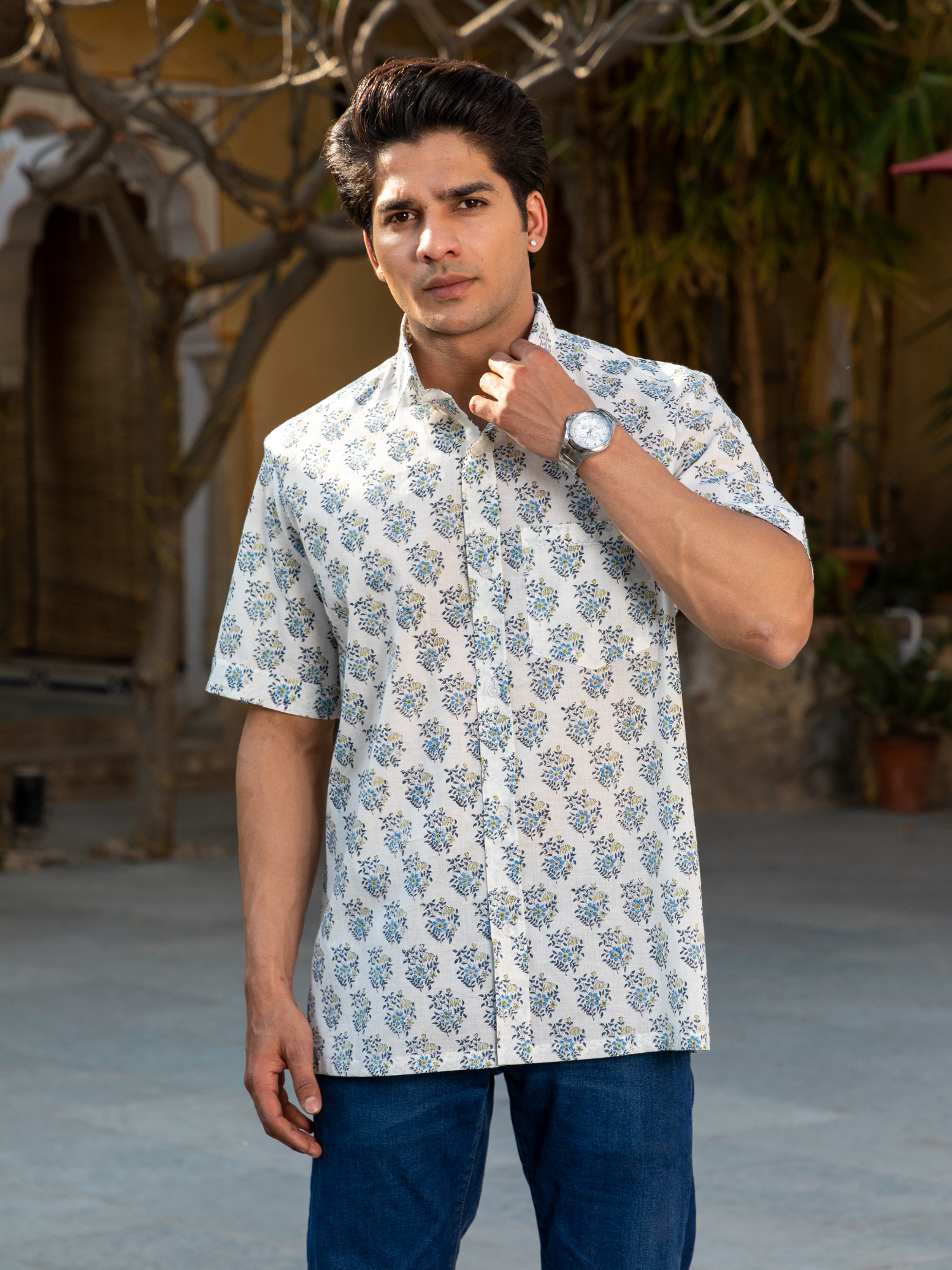 Blue Block Printed Buti Shirt