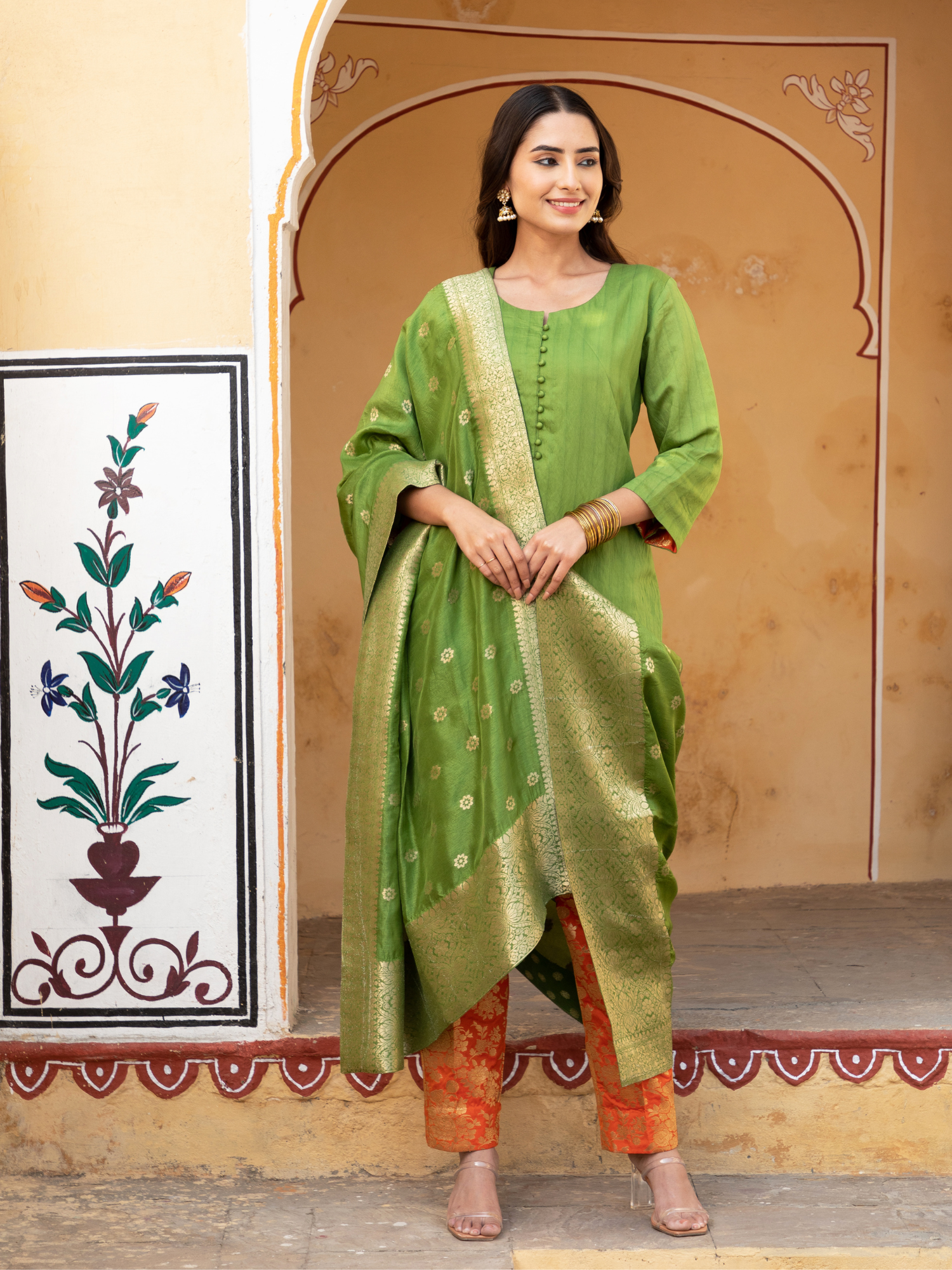 Green Chanderi Kurta with Pure Kimkhab Pant and Brocade Dupatta Set