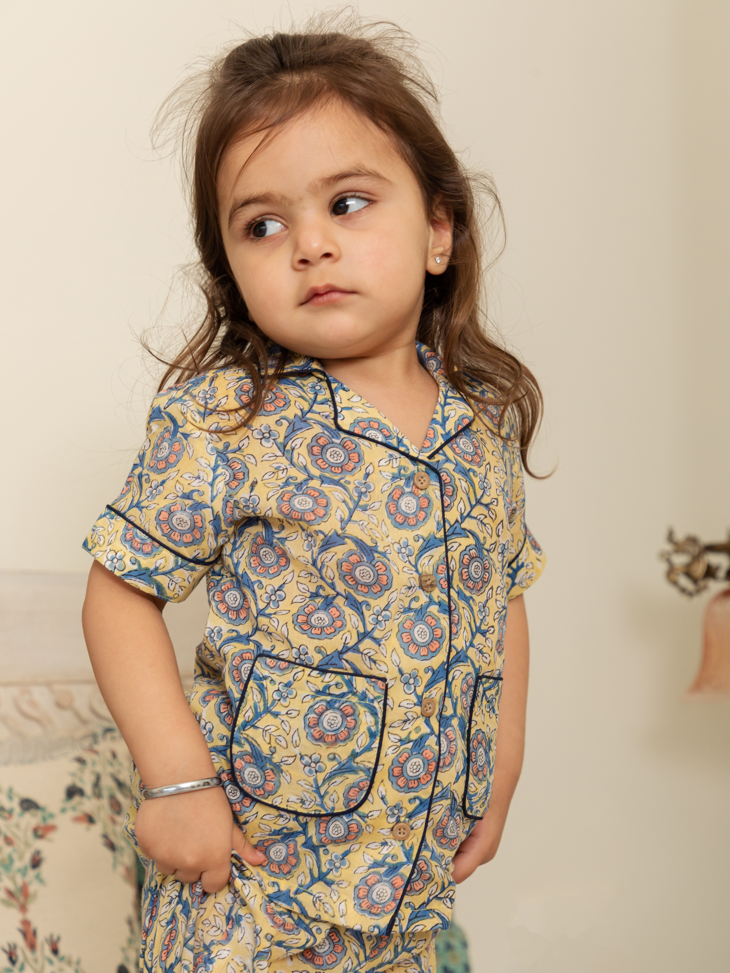 Yellow Floral Jaal Nightwear Set for Girl