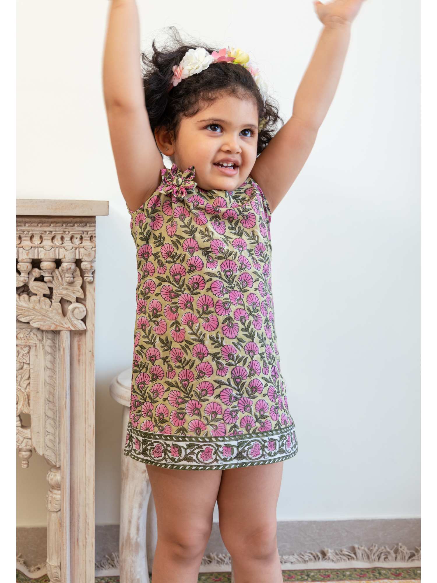 Pink Floral Hand Block Print Jaal Frock