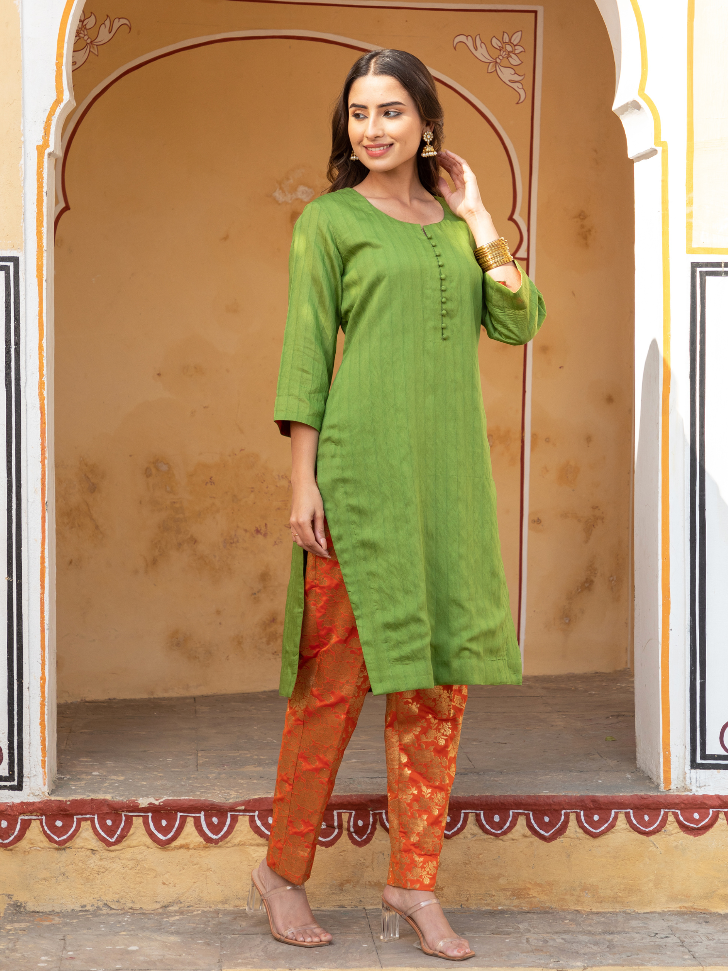 Green Chanderi Kurta with Pure Kimkhab Pant and Brocade Dupatta Set