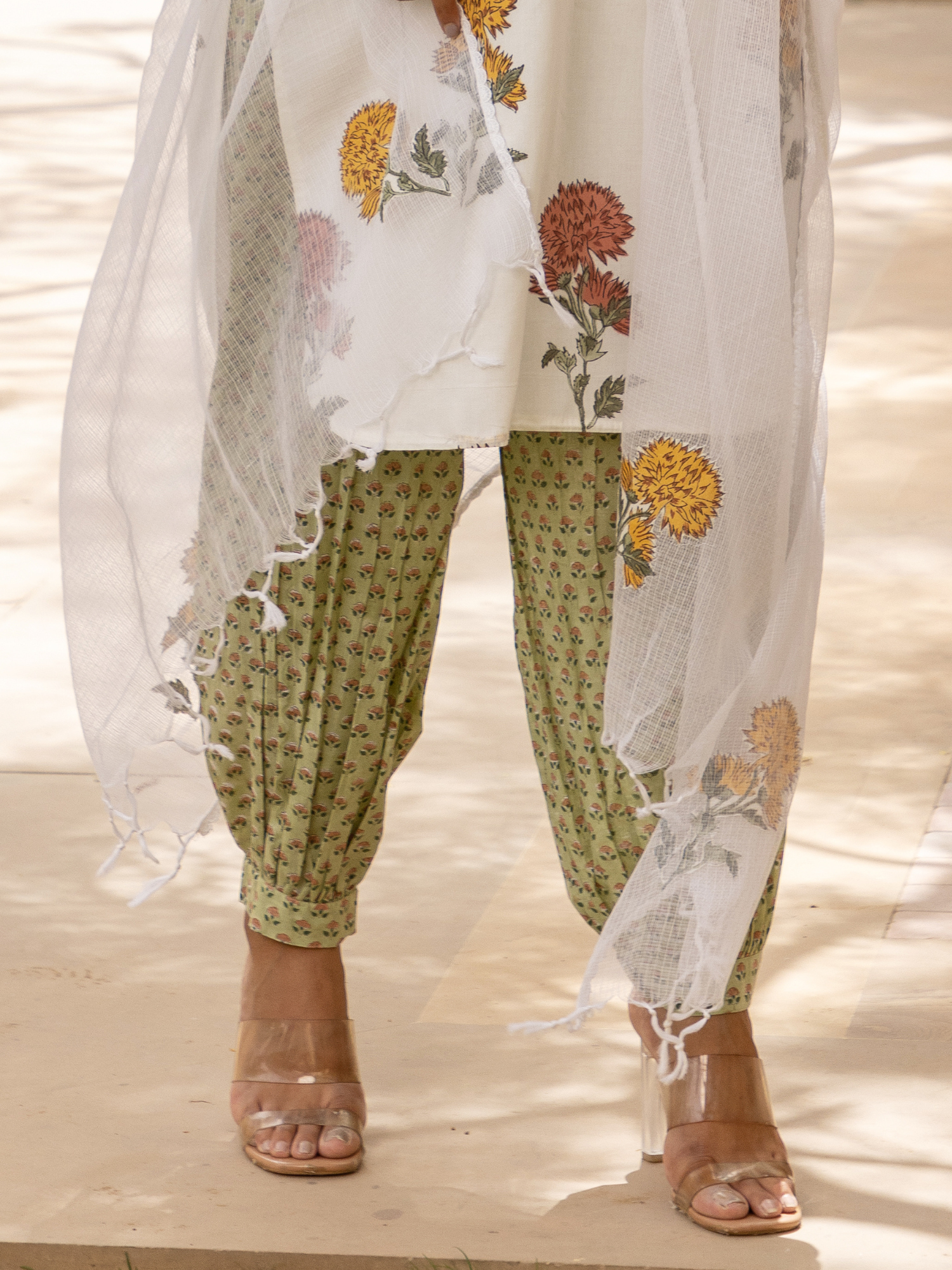 Hand Block Printed Green Buti Harem, Cigarette Pants