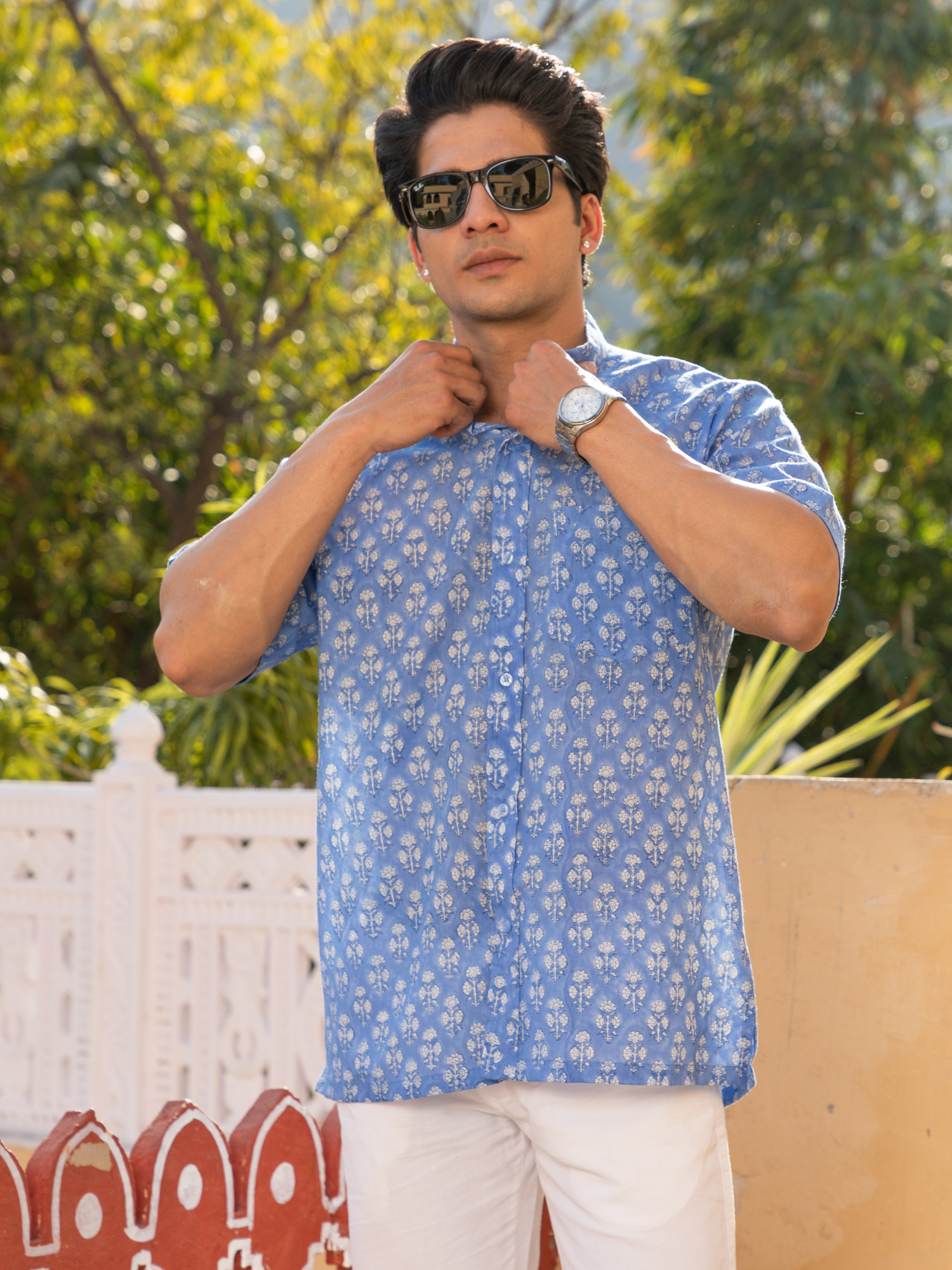 Sky Blue Block Printed Floral Buti Shirt