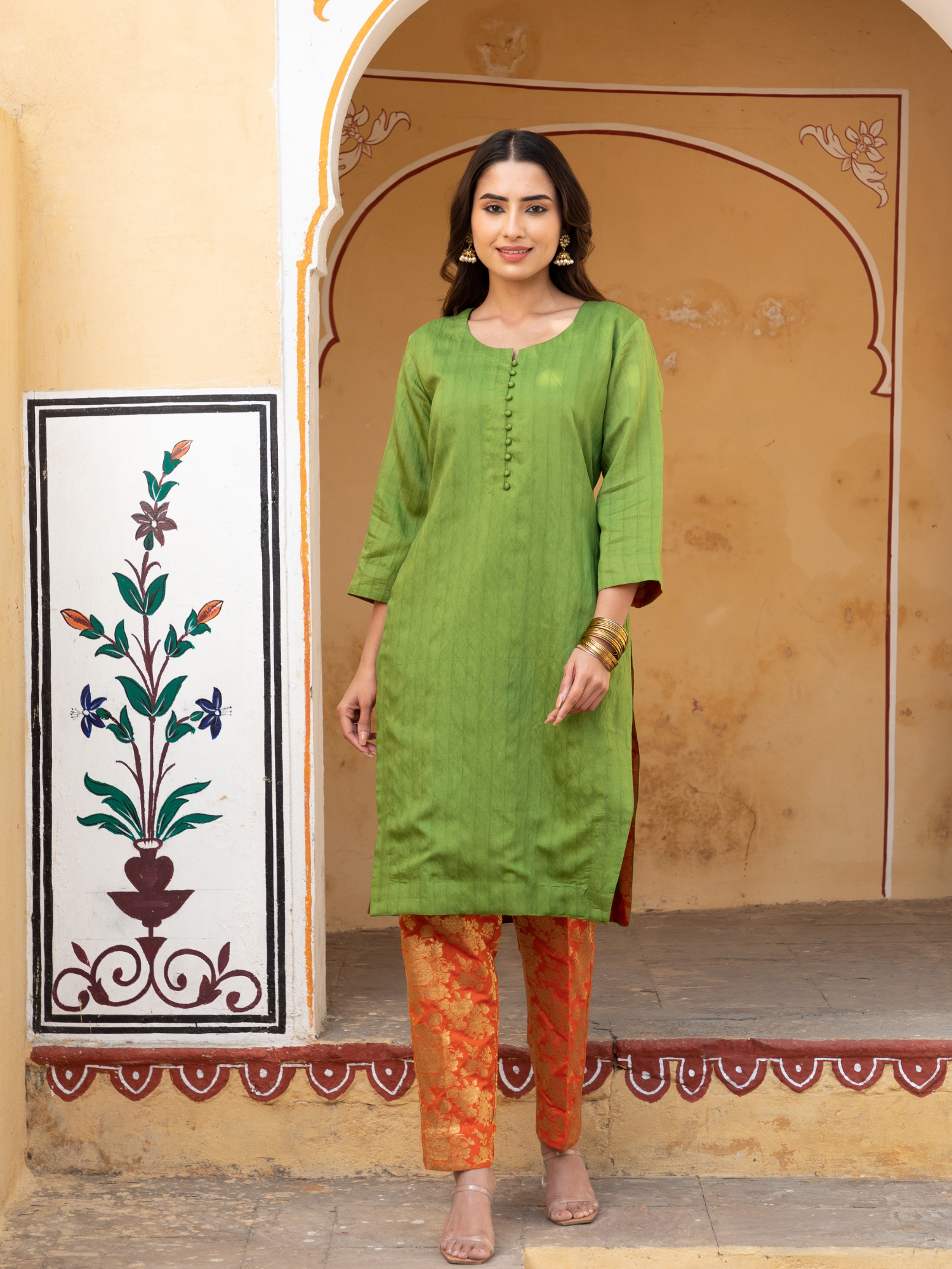 Green Chanderi Kurta with Pure Kimkhab Pant and Brocade Dupatta Set