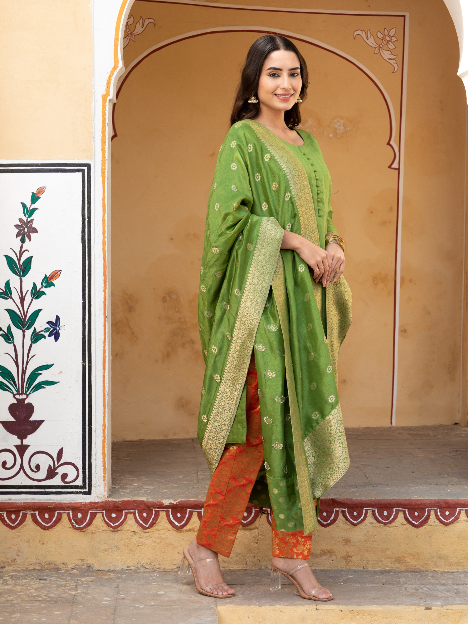 Green Chanderi Kurta with Pure Kimkhab Pant and Brocade Dupatta Set