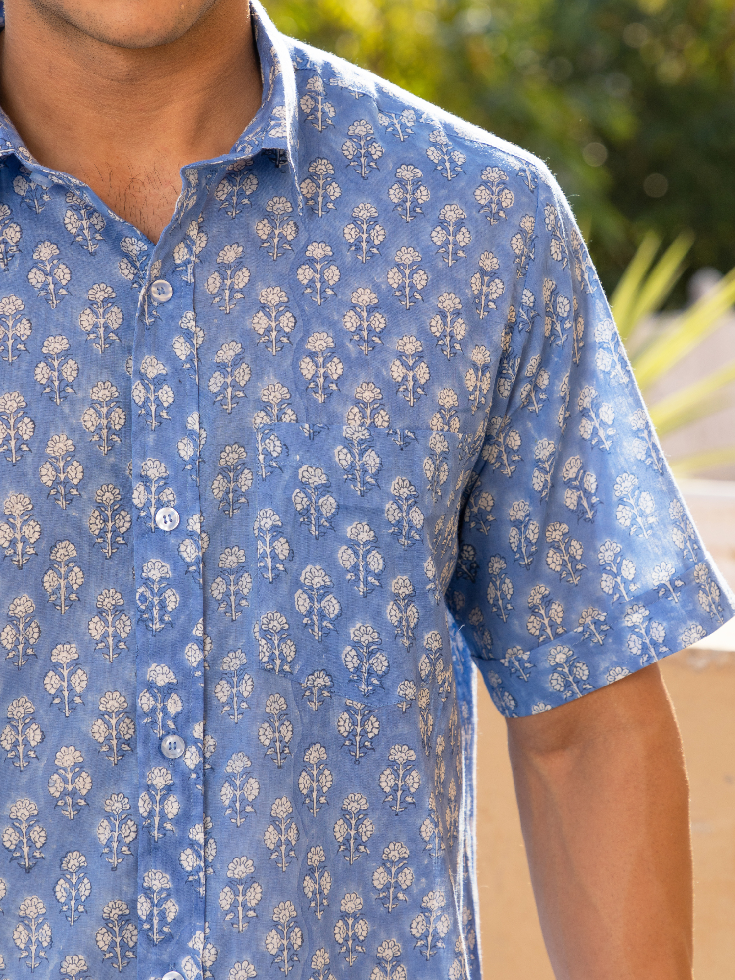 Sky Blue Block Printed Floral Buti Shirt