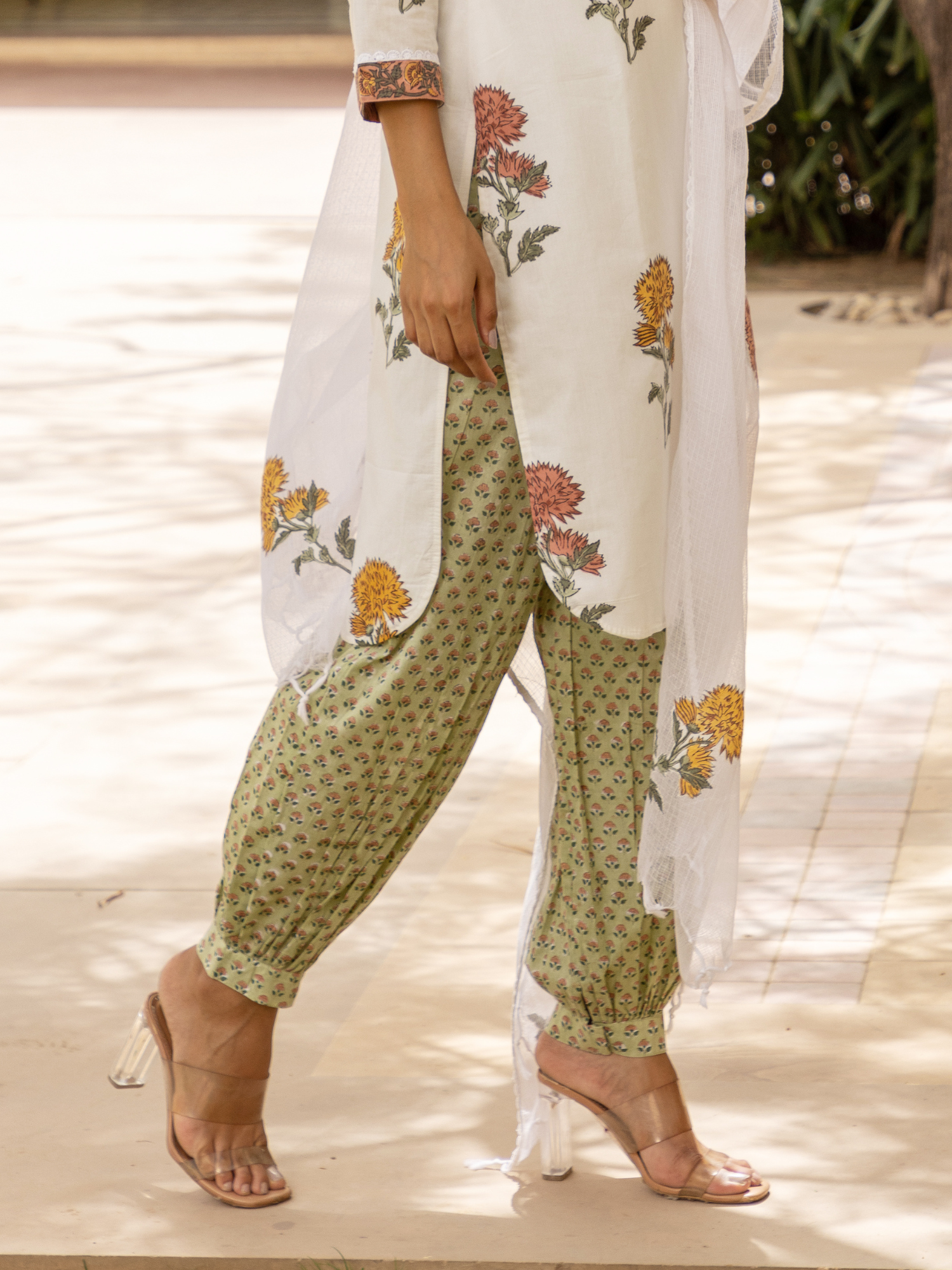 Hand Block Printed Green Buti Harem, Cigarette Pants