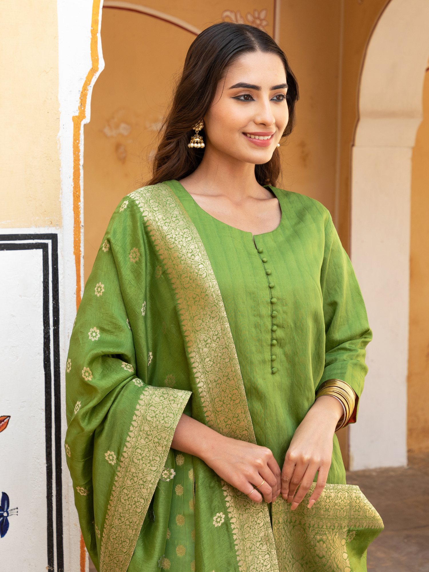 Green Chanderi Kurta with Pure Kimkhab Pant and Brocade Dupatta Set