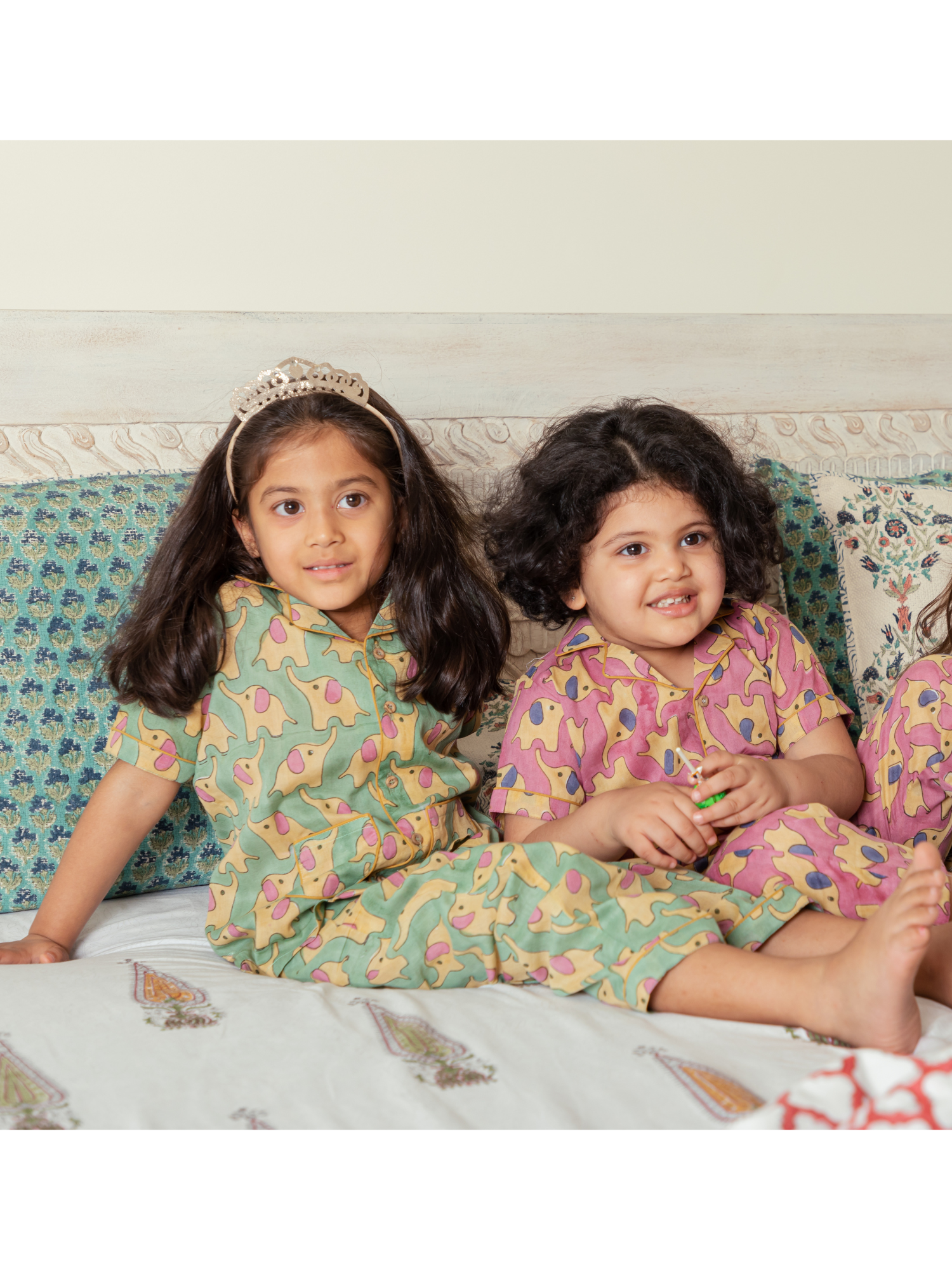 Pink and Green Elephant Print Nightwear for Girls