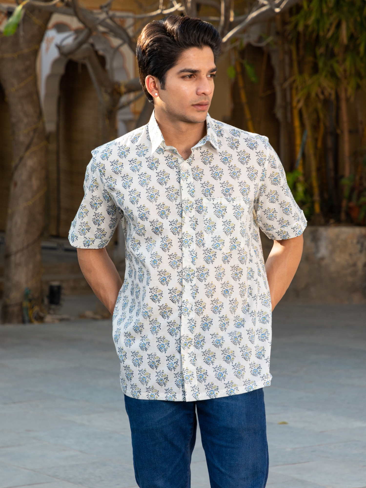 Blue Block Printed Buti Shirt