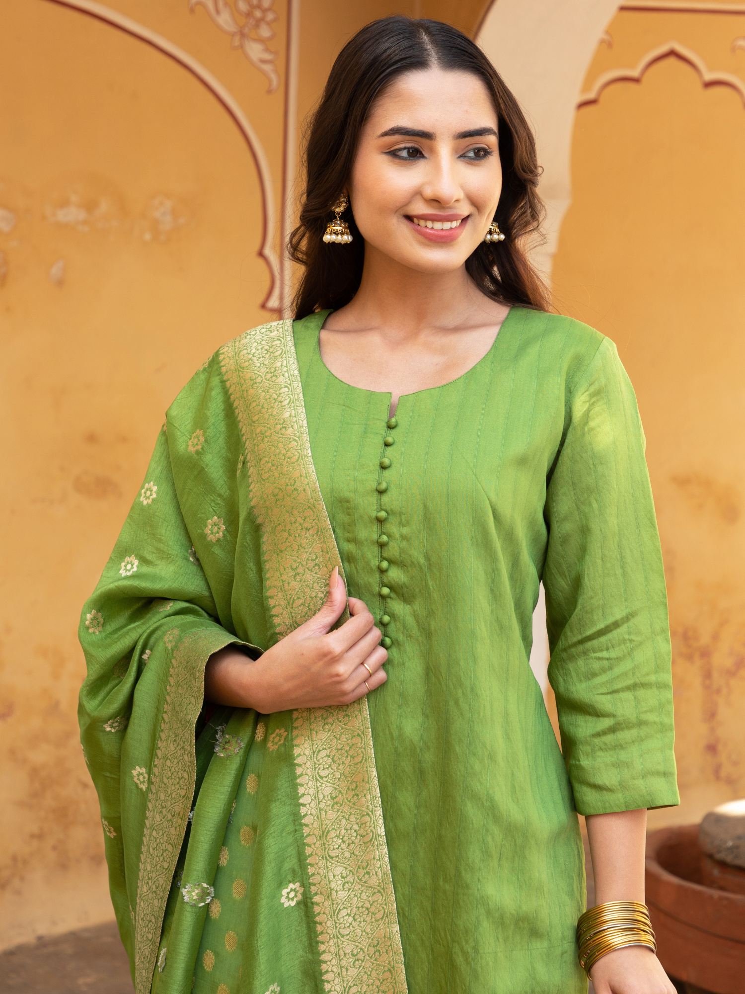 Green Chanderi Kurta with Pure Kimkhab Pant and Brocade Dupatta Set