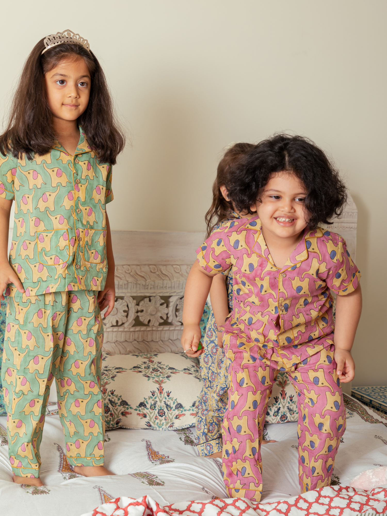 Pink and Green Elephant Print Nightwear for Girls