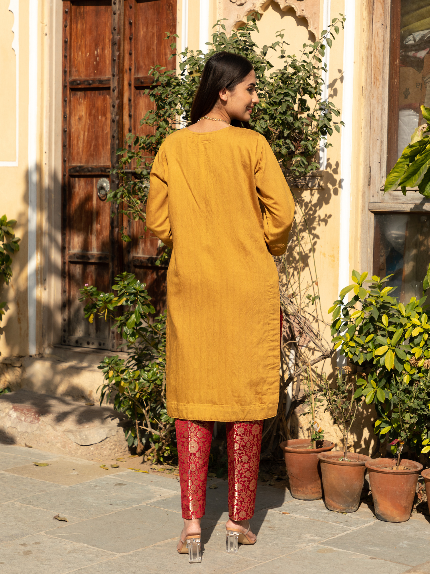 Mustard Color Chanderi Kurta with Pure Kimkhab Pant and Doriya Dupatta Set