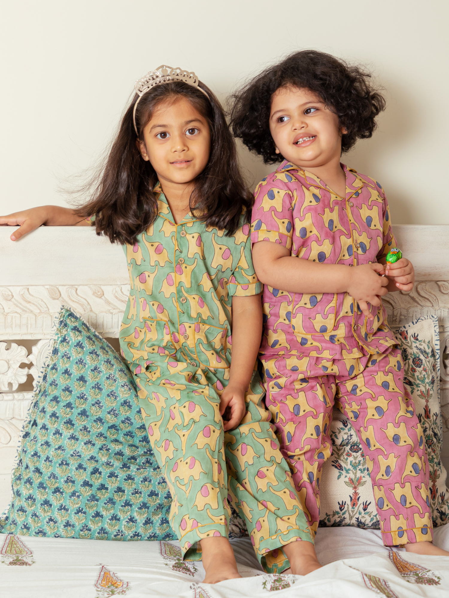 Pink and Green Elephant Print Nightwear for Girls