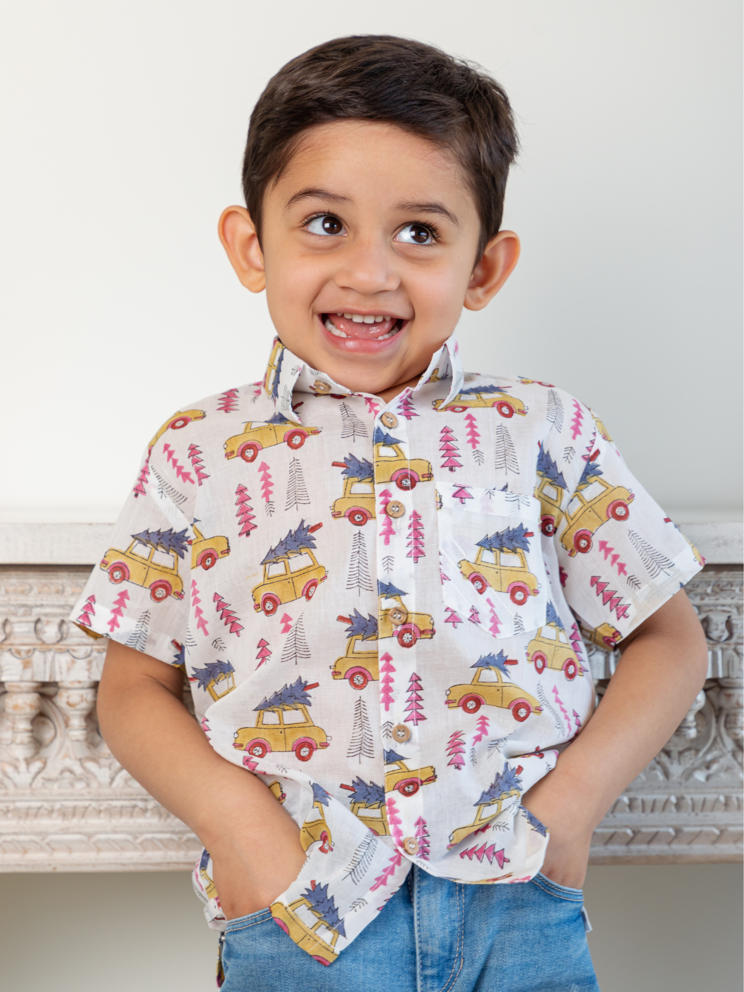 Hand Block Car Tree Printed Shirt for Boy