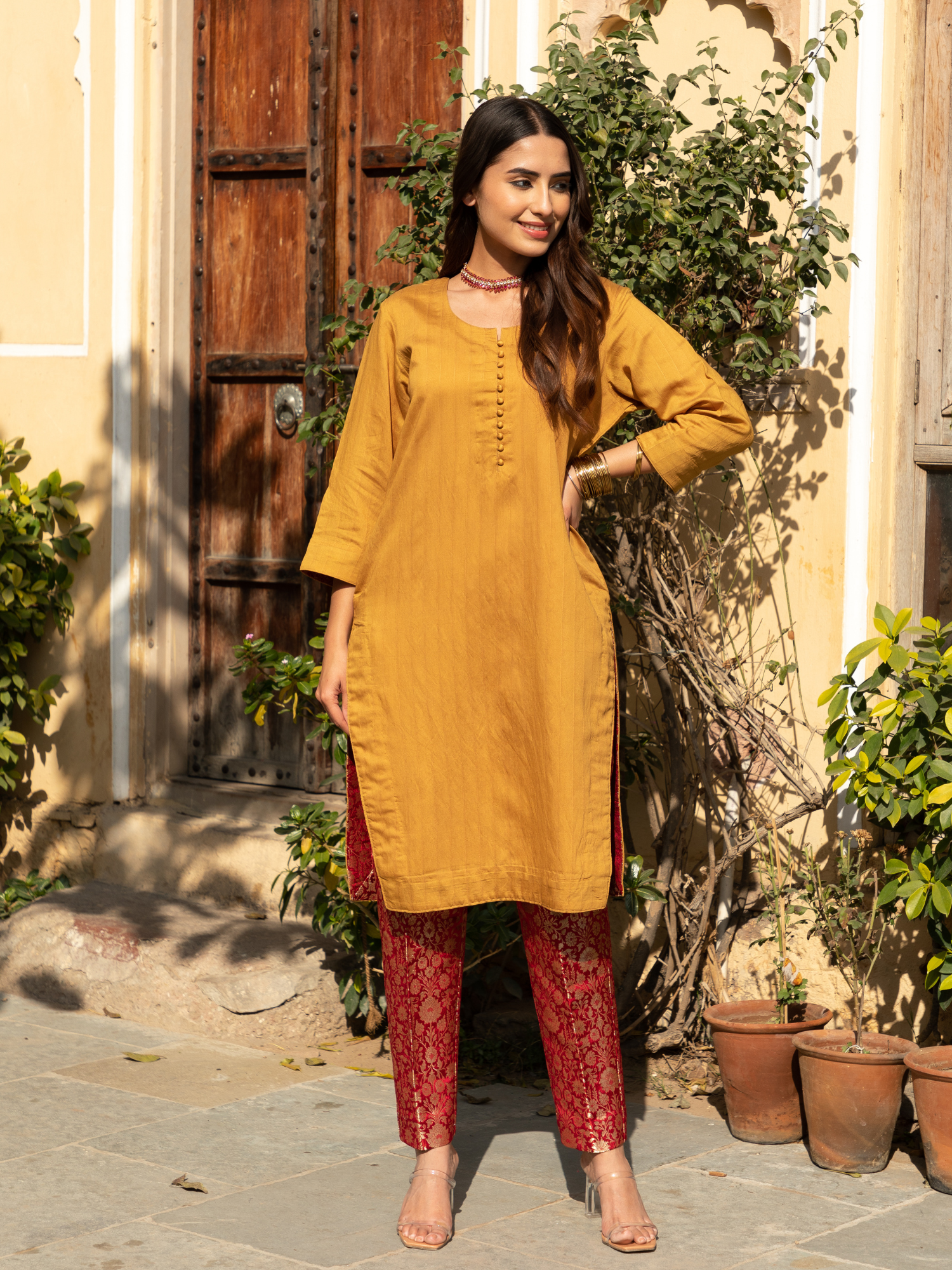 Mustard Color Chanderi Kurta with Pure Kimkhab Pant and Doriya Dupatta Set