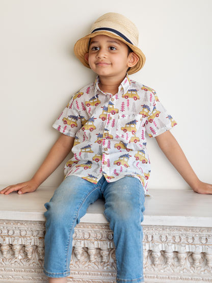 Hand Block Car Tree Printed Shirt for Boy