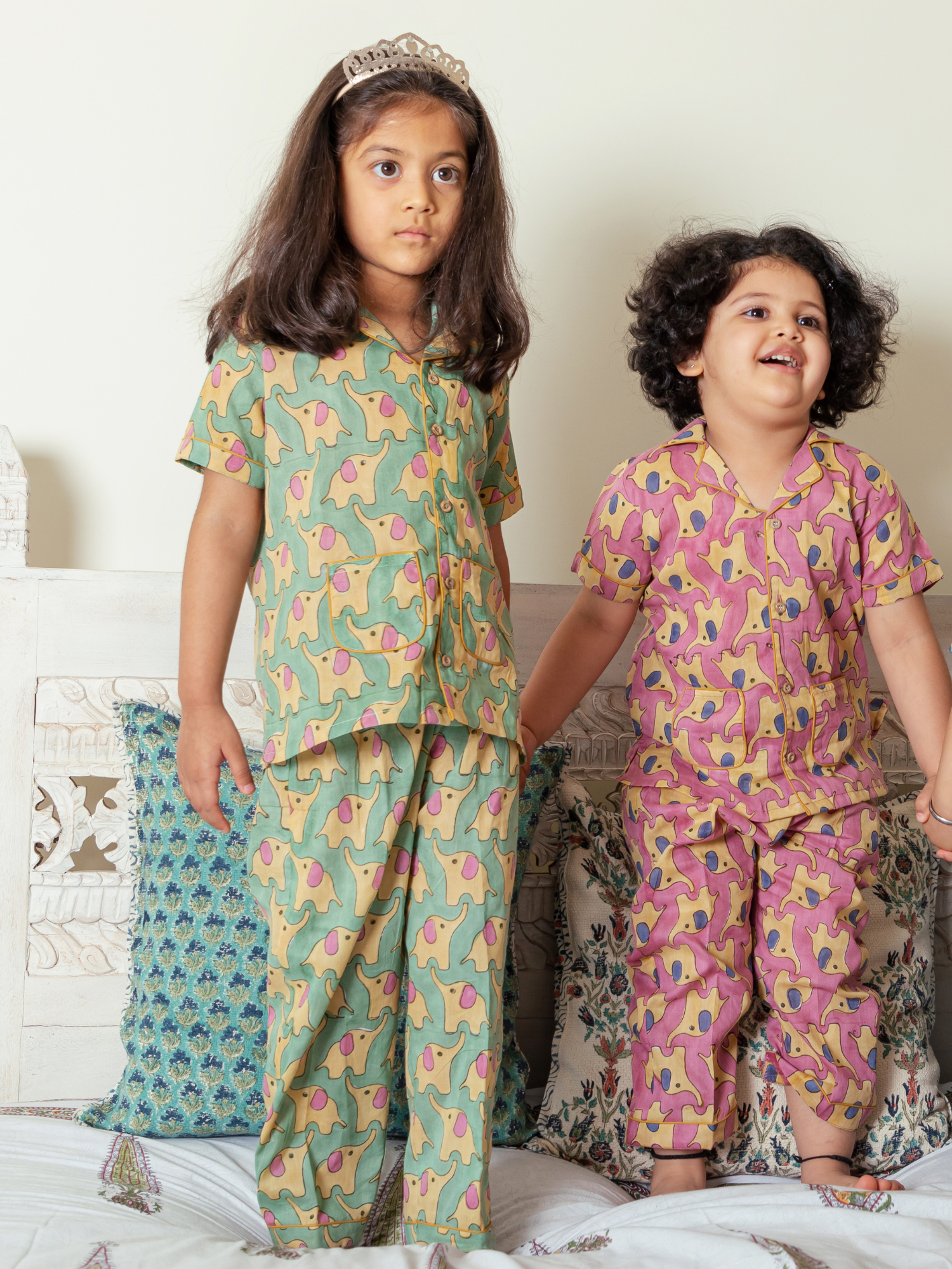 Pink and Green Elephant Print Nightwear for Girls