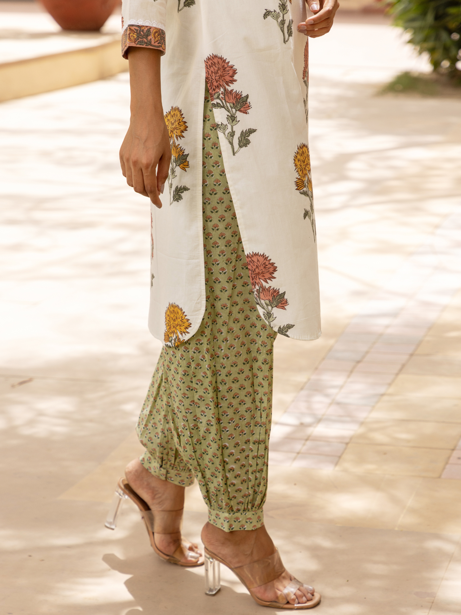 Hand Block Printed Green Buti Harem, Cigarette Pants