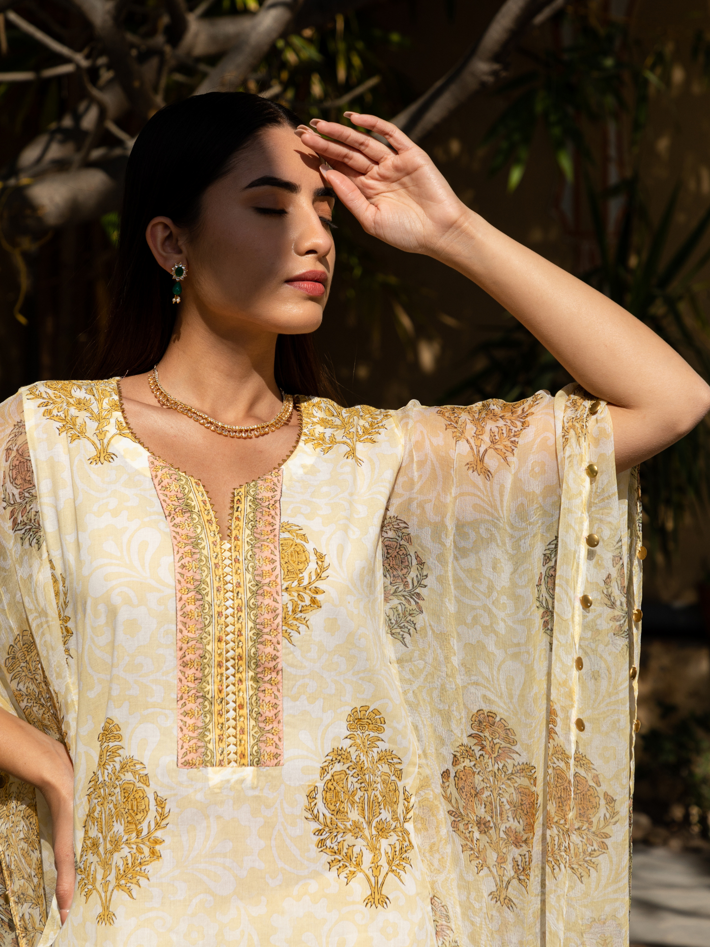 Yellow Self Hand Block Printed Kaftan and Palazzo Set