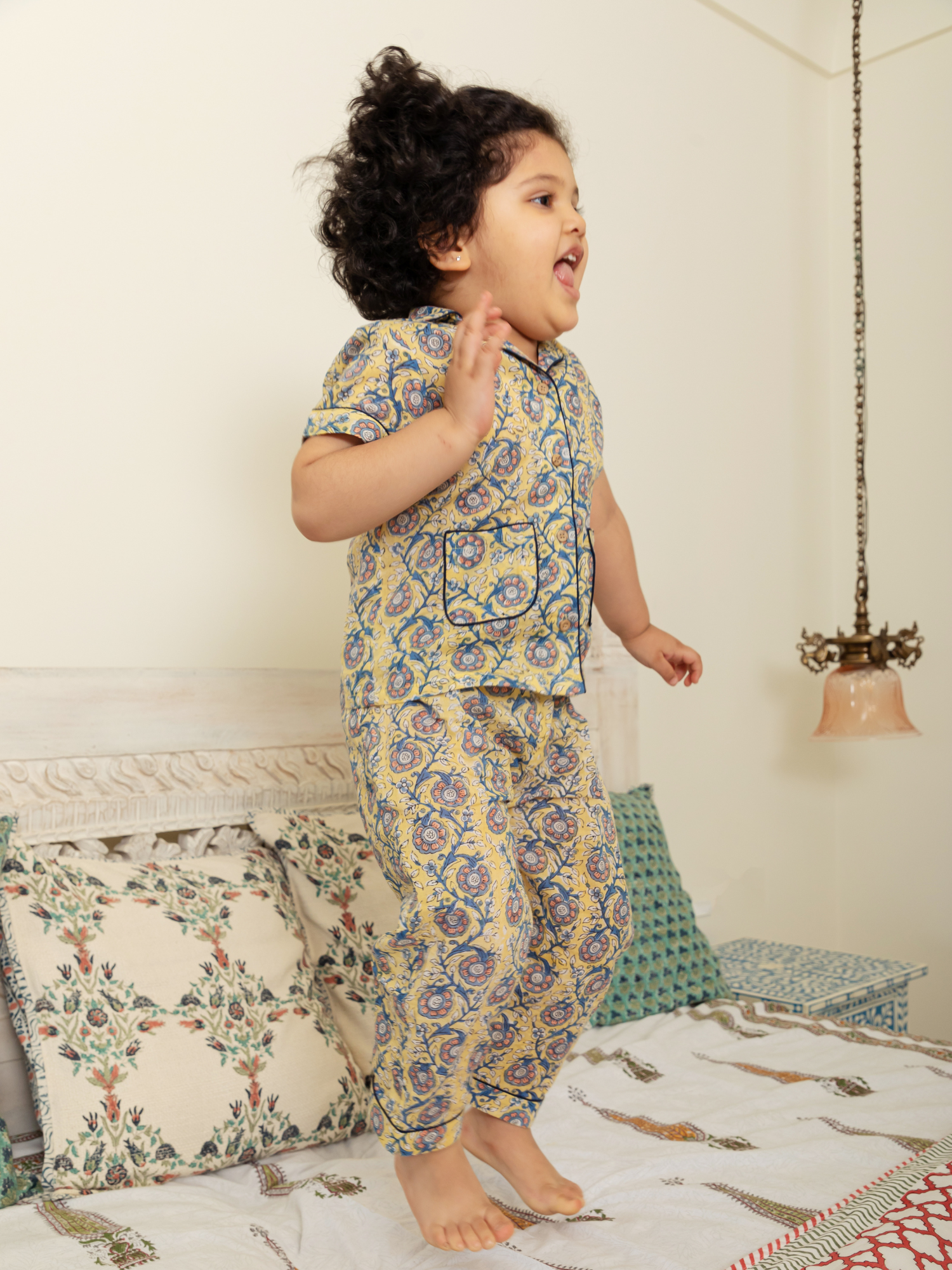 Yellow Floral Jaal Nightwear Set for Girl