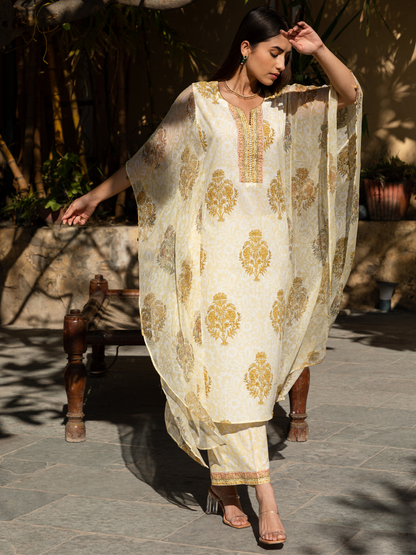 Yellow Self Hand Block Printed Kaftan and Palazzo Set