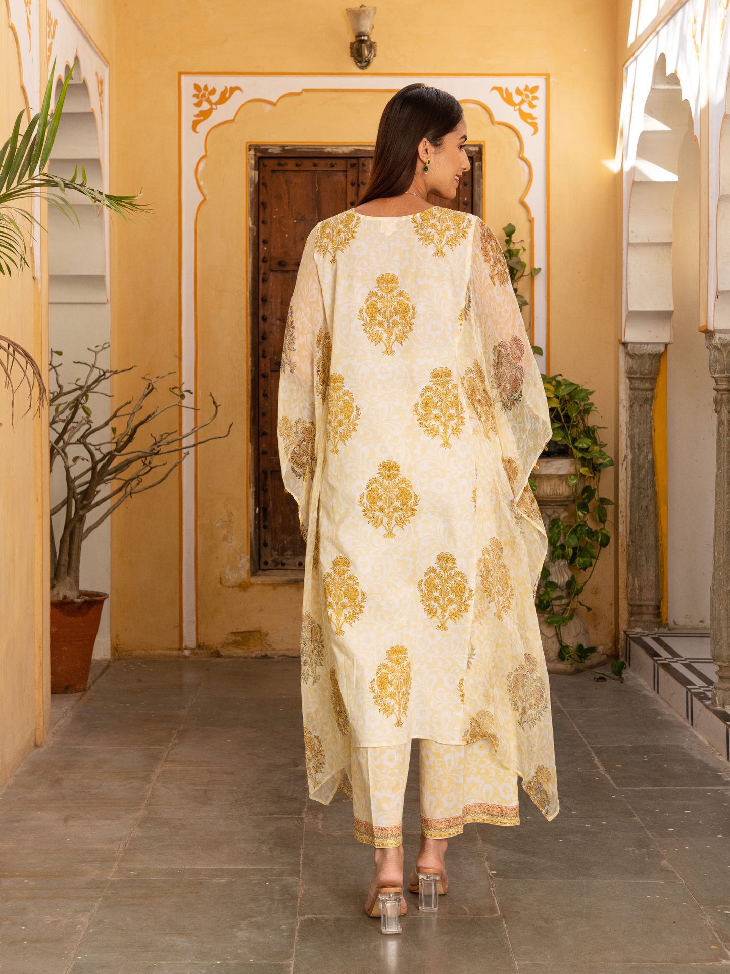 Yellow Self Hand Block Printed Kaftan and Palazzo Set