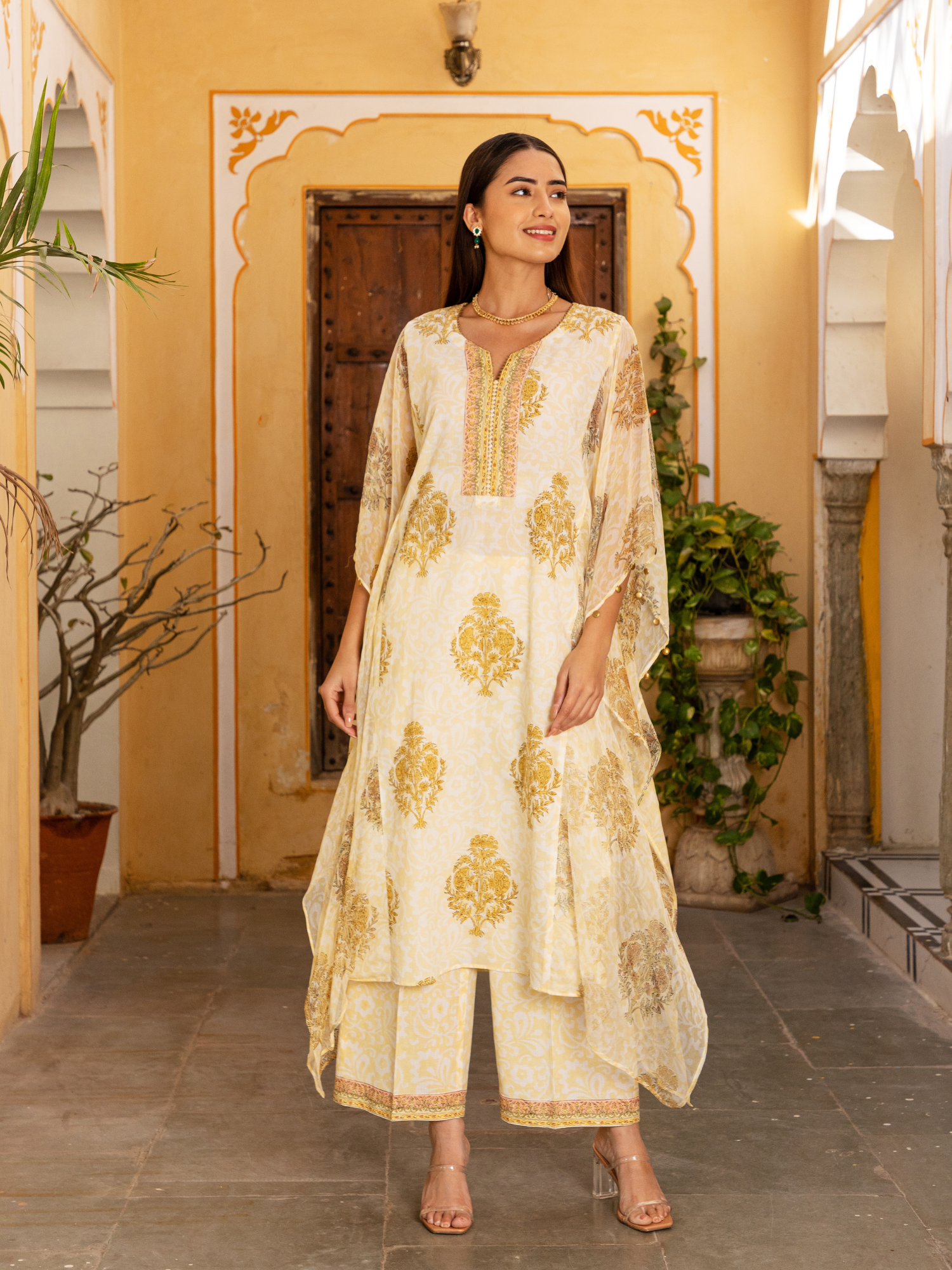 Yellow Self Hand Block Printed Kaftan and Palazzo Set