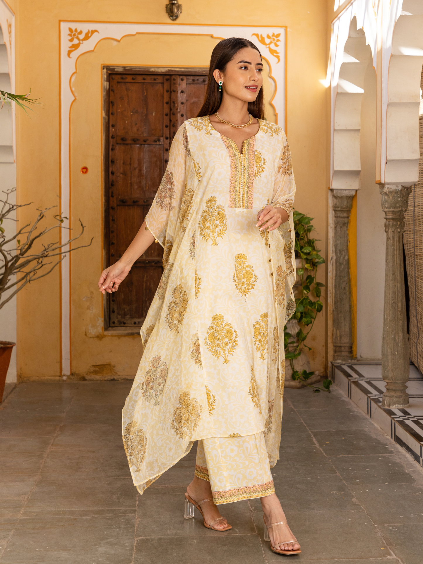 Yellow Self Hand Block Printed Kaftan and Palazzo Set