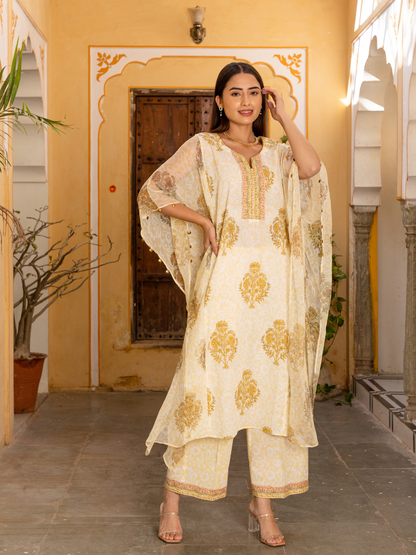 Yellow Self Hand Block Printed Kaftan and Palazzo Set