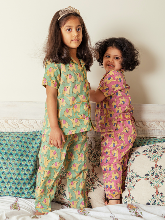Pink and Green Elephant Print Nightwear for Girls