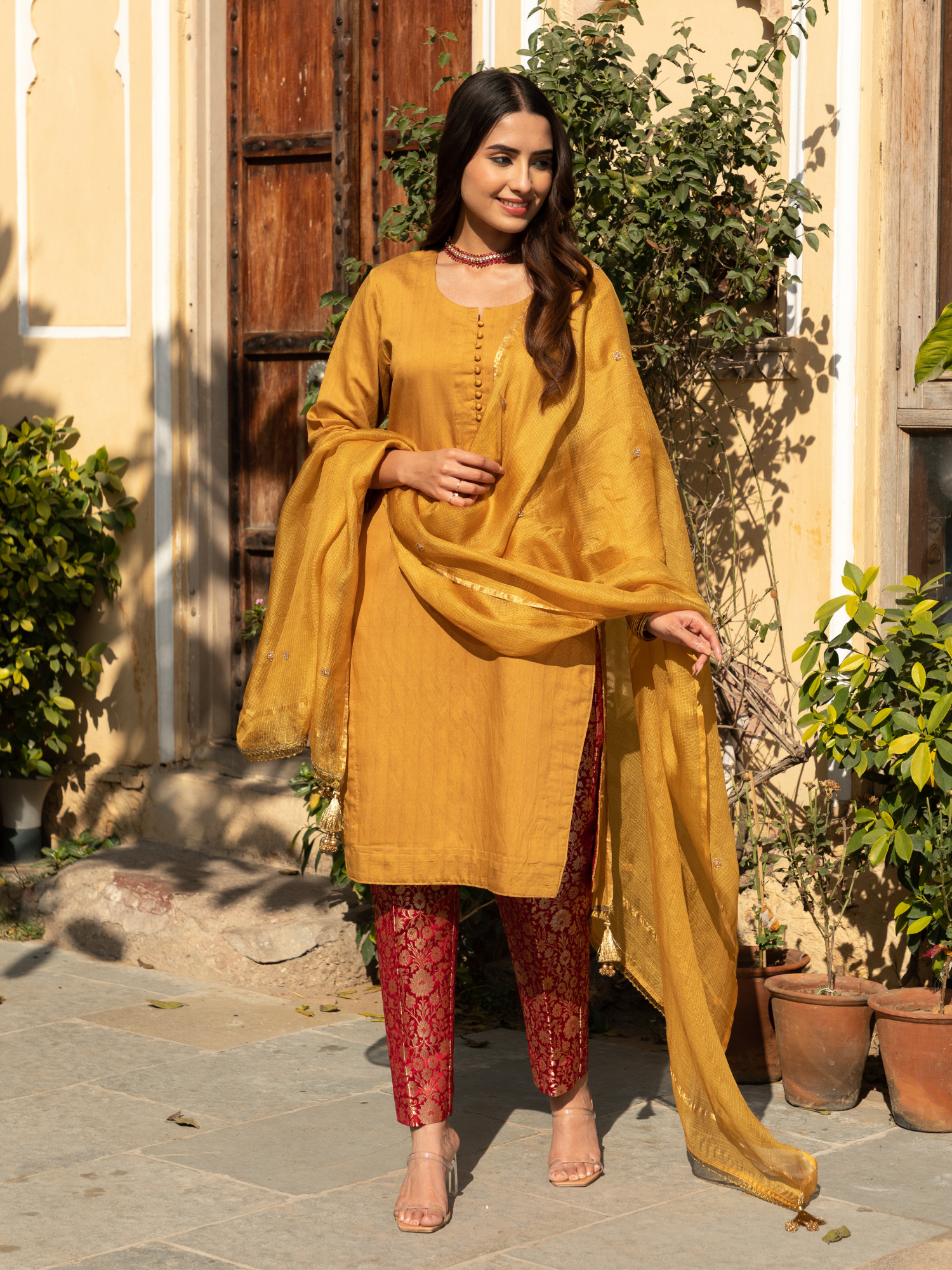 Mustard Color Chanderi Kurta with Pure Kimkhab Pant and Doriya Dupatta Set