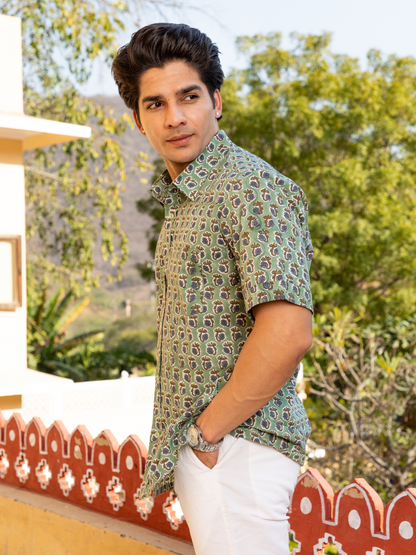 Green Block Printed Buti Floral Shirt