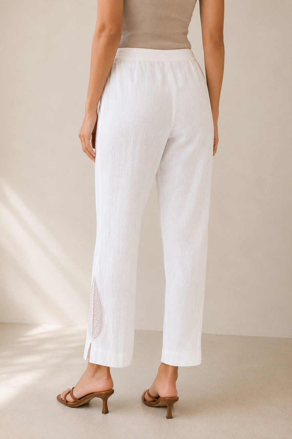 Cotton Straight Pants with Organza Leaf Embroidery