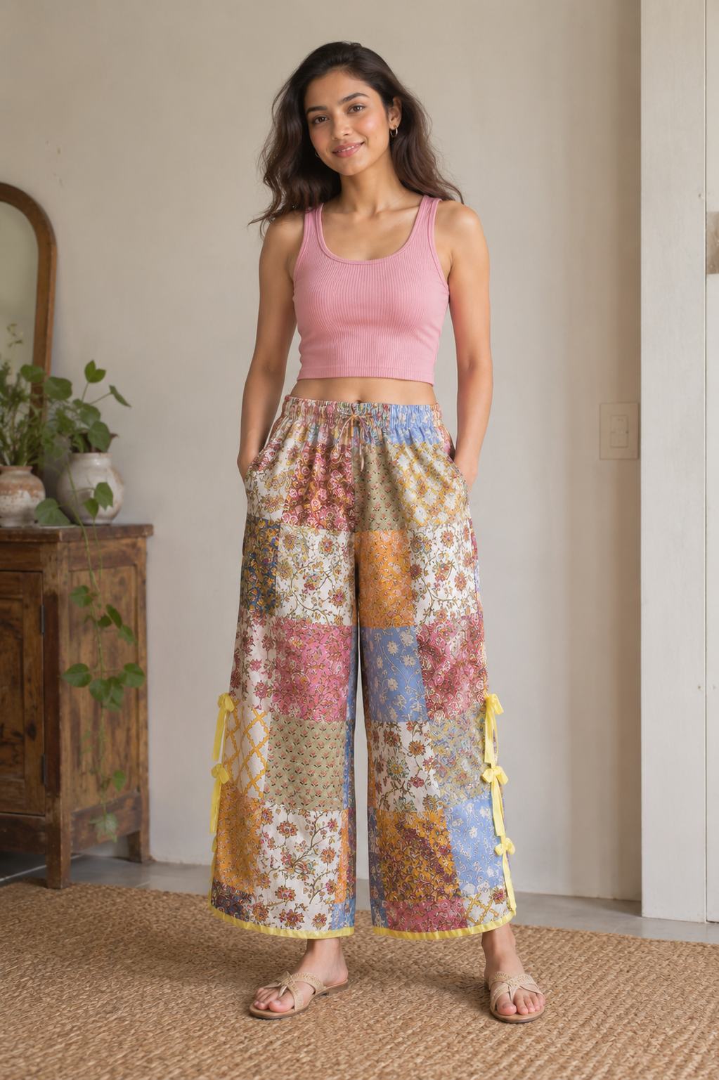 Patchwork Tie-Side Pants